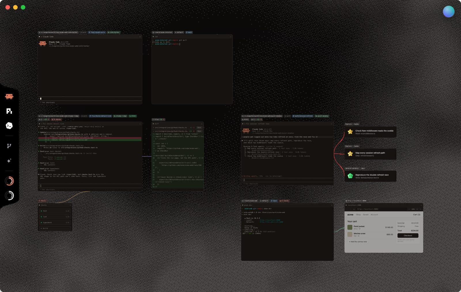 Tungsten's canvas with several coding agents, a diff, CI checks and a browser pane